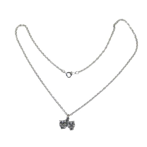 Comedy Drama Mask Pendant Theatre Silvertone Chain Necklace 16 Inch Choker - Picture 1 of 8